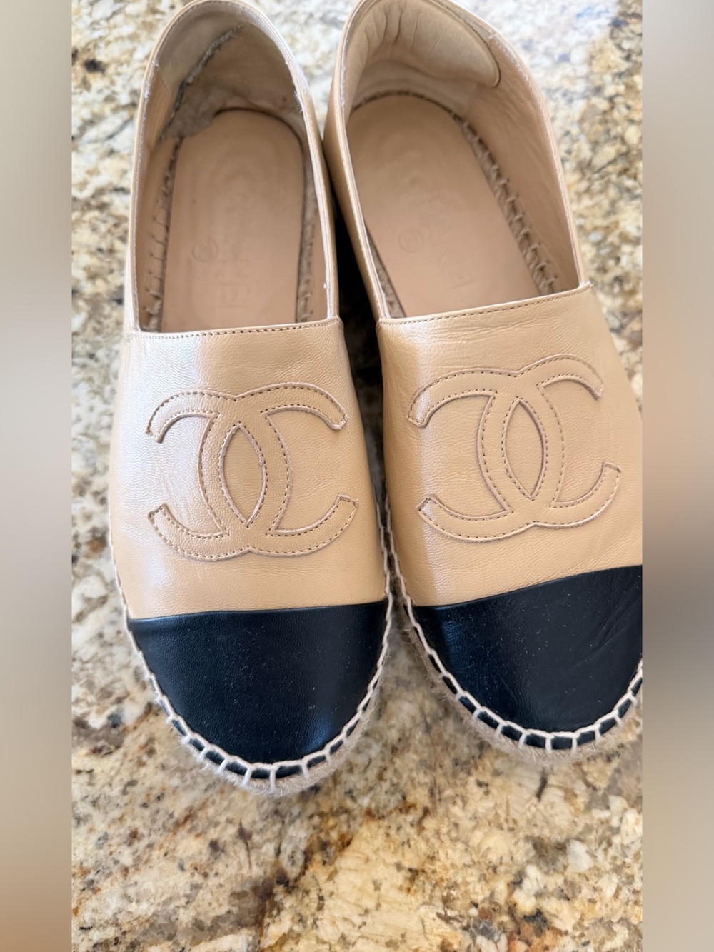 CHANEL Beige and Black Leather Espadrille shoes. Size: 37. Excellent condition.